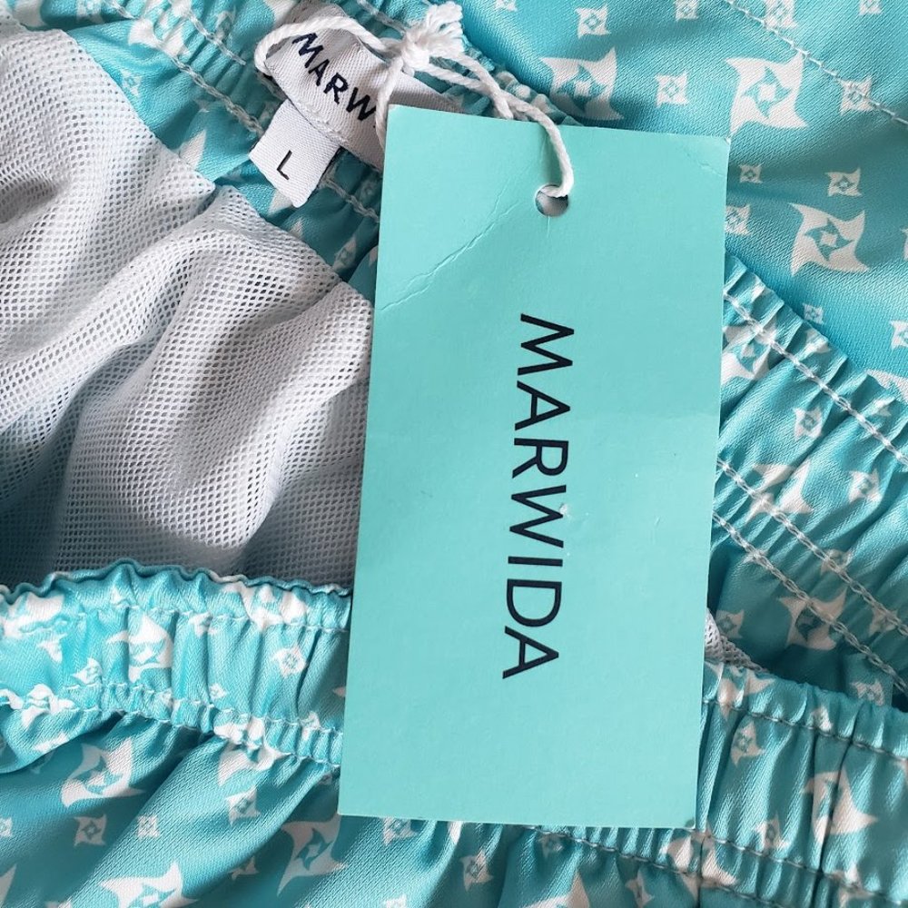 Marwida Mens Swim Trunks Large Aqua Star Luxury Recycled Fabric Pockets NEW - Picture 7 of 11